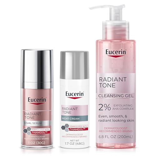 Eucerin Radiant Tone Nighttime Regimen With Face Cleanser Gel with 2% Exfoliating AHA Complex (6.8 Fl Oz) + Dual Serum Dark Spot Corrector (1 Fl Oz) + Night Cream (1.7 Fl Oz)