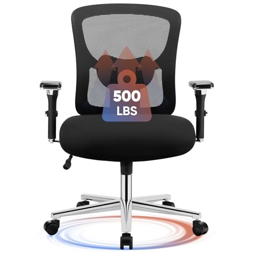 Sweetcrispy Big and Tall Office Desk Chair with Lumbar Support, 500lbs Heavy Duty Mesh Ergonomic Computer Chair with 4D Armrest and Wide Comfy Seat, Wheels for Adult