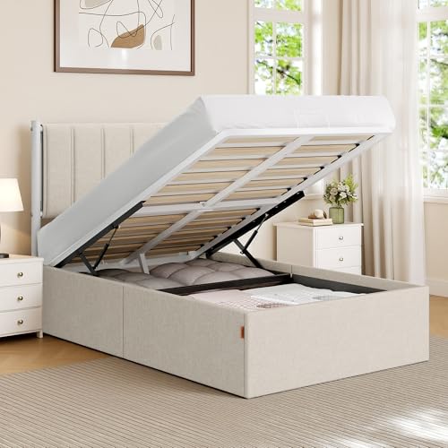 VASAGLE Lift Up Storage Bed Frame Twin Size, Hydraulic Platform Bed, with Upholstered Headboard, 550 lb Weight Capacity, No Box Spring Needed, Easy Assembly, Modern, Cappuccino Beige URMB603W01