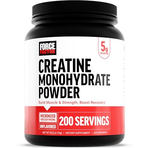 Force Factor Creatine Monohydrate Powder (1KG), 5g Micronized Dose to Support Muscle Growth, Strength, Recovery, Cognitive Health & Memory, Unflavored, 200 Servings