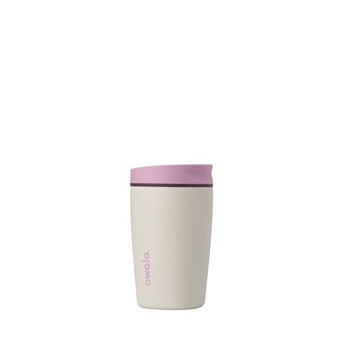 Owala SmoothSip Slider Insulated Stainless Steel Coffee Tumbler, Reusable Iced Coffee Cup, Hot Coffee Travel Mug, BPA Free 12 oz, Pink/Tan (Daybreak)