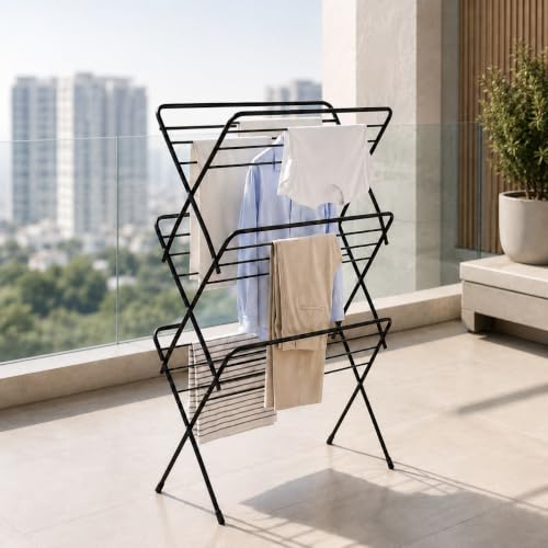 Lifelong Foldable Alloy Steel Cloth Drying Stand for Balcony|3-Tier Heavy Duty Laundry Rack for Indoor & Outdoor|Portable Standing Clothes Dryer with 