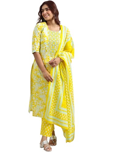 Womens Printed Cotton Straight Kurta With Trousers and Dupatta | daily wear suit