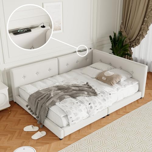 Merax Queen Size Modern Upholstered Platform Bed with USB Ports, Floor Daybed with Wood Slat Support/Queen,Beige