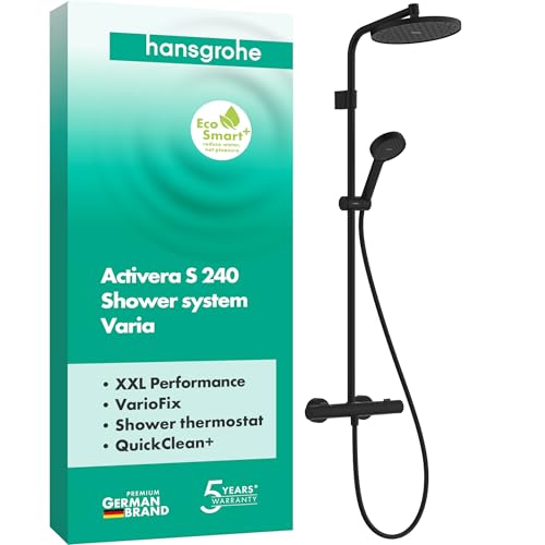 (-53%) hansgrohe Activera S - wassersparendes Duschsystem (EcoSmart+) mit Thermostat, Regendusche mit Armatur, Handbrause (2 Strahlarten), Schlauch, Brausestange und runder Kopfbrause, Mattschwarz, 28083670