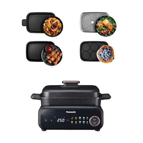 (-19%) Panasonic NF-GM400 4-in-1 Elektro-Multikocher, Elektro Tischgrill, Braten, Slow Cook, BBQ, Dämpfen, Sautieren, 1400W, 40–250°C, 9 Auto-Modi, 4 Antihaftplatten, Rauchabsaugung, Schwarz