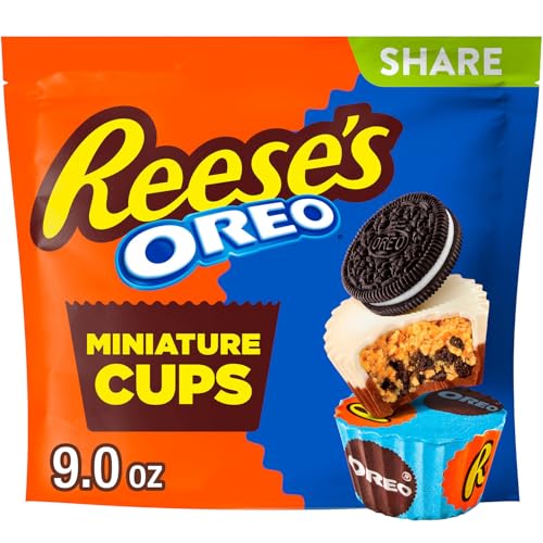 REESE'S OREO Milk Chocolate & White Creme Cups Filled With Peanut Butter & OREO Cookies Pieces Miniatures Stand Up Bag, 9 oz