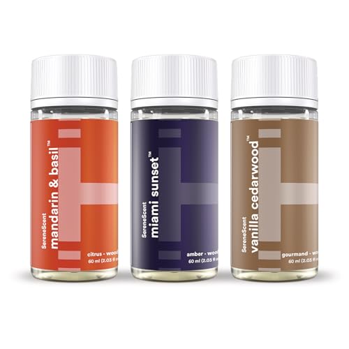 SereneScent Essentials 3-Pack Oils, 60ml Fragrance Oils for Diffusers – Mandarin Basil, Miami Sunset, Vanilla Cedarwood – Natural, Plant-Based, Long-Lasting Aromatherapy Scents by Homedics