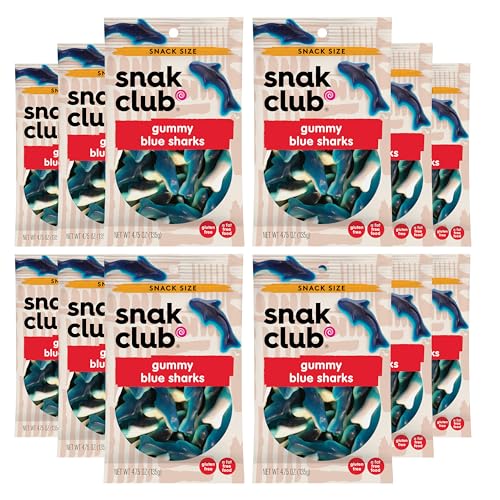 Snak Club Gummy Sharks Candy, Blue Raspberry Fruit Flavored Candy Gummies, Soft and Chewy, Fat-Free and Gluten-Free Snacks, 2.75 oz Snack Bags, 12 Pack