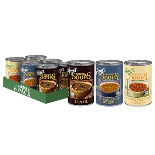 Amy's Soup, Organic Variety Pack, Chunky Vegetable, Quinoa, Kale and Red Lentil, and Lentil Canned Soup, Made With Organic Vegetables, Pack of 6