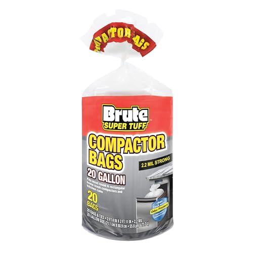 Brute Super Tuff Heavy Duty Kitchen Compactor Bags, Twist Tie Closure, White, Clean Fresh Scent with Odor Protect Technology, 20 Gallon, 20 Count