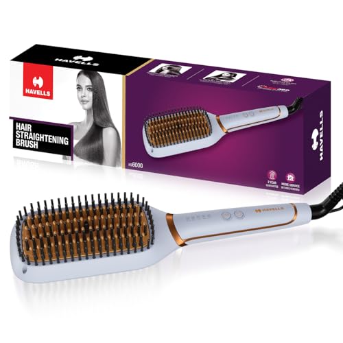 Havells Keratin Infused Hair Straightener Brush With Temperature Control For All Hair Types|Auto Shut off After 45 Minutes| 1.8mm Swivel Cord |2 Years