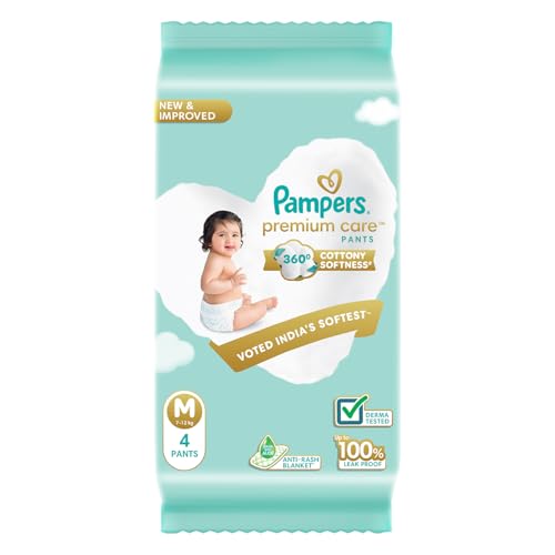 Premium Care Pant Style Baby Diapers M 4 Count | No Marks Design | Voted India’s #1 Softest Diaper | All in 1 diaper with 360 Cottony Softness