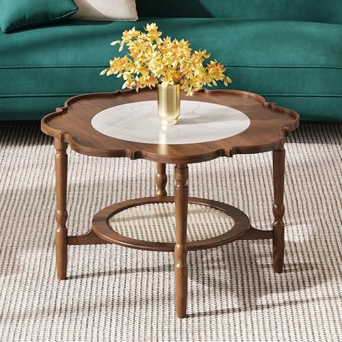 Merax Mid-Century Style Coffee Table with Petal Shape and White Crackle Pattern Glass, Vintage Design 2-Tiered Coffee Table with Rattan, Walnut, 31.5"