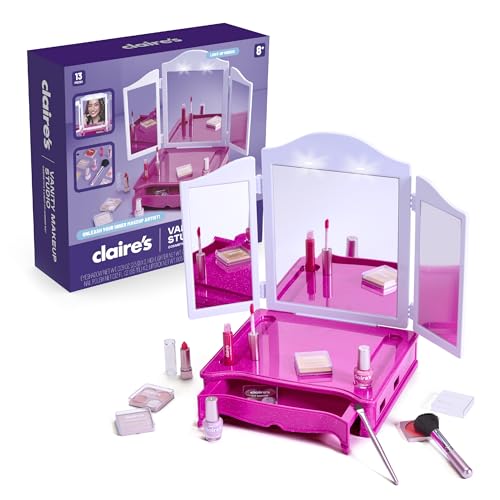 Claire’s® Vanity Makeup Studio – 13-Piece Real Cosmetic Set with Light-Up Tri-Panel Mirror| Lip Gloss, Eyeshadow, Nail Polish| Kids Makeup Kit for Girls| Pretend Play Toy| Beauty Activity Gift| Age 8+