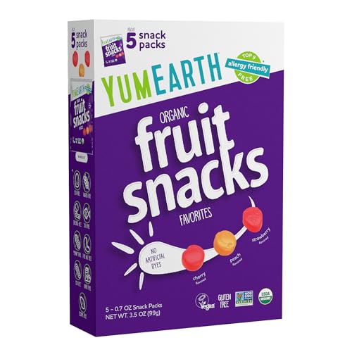 YumEarth Organic Assorted Flavor Fruit Snacks - Allergy Friendly (Top 9 Free), No Artificial Dyes or Flavors, Non GMO, Gluten Free, Vegan Candy Snacks - 0.7 Ounce (Pack of 5) (3.5 Ounce Box (Pack of 5), Fruit)