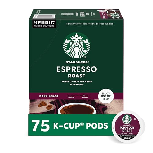 Starbucks K-Cup Coffee Pods, Dark Roast Coffee, Espresso Roast for Keurig Coffee Makers, 100% Arabica, 1 Box (75 Pods)K