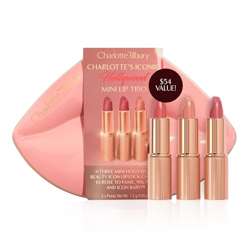 Charlotte Tilbury Iconic Hollywood Lip Trio - Limited-Edition Lipstick Gift Set Featuring Matte Revolution & K.I.S.S.I.N.G Shades - Moisturizing, Flattering Travel Size Lipsticks