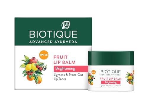 Biotique Fruit Whitening/Brightening Lip Balm SPF 50 | Hydrated and Nourishing Lips | Visibly Lighter Lips | Evens Out Lip Tone | De-pigmentation Balm