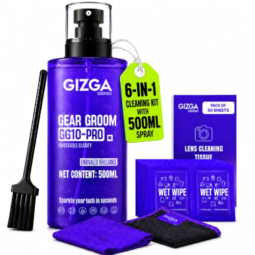 Gizga Essentials 6-in-1 Laptop Cleaning Kit 500ml | Screen Cleaner Spray, 2 Microfiber Cloths, Cleaning Brush, Wet Wipes & Lens Tissues for Laptop Mac