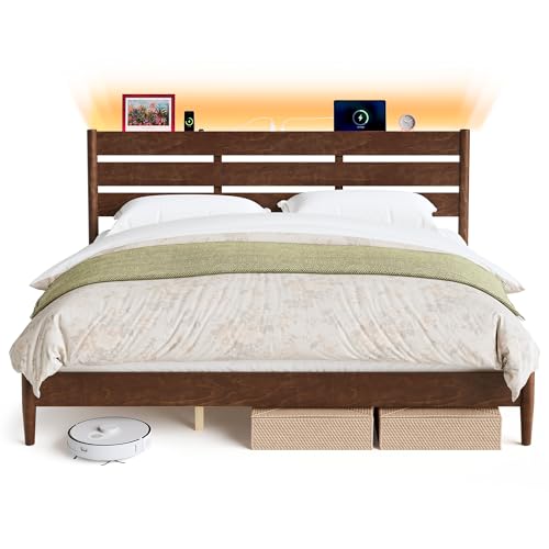 SONGMICS HOME King Bed Frame with Solid Wood Legs Slats, Platform Bed with Headboard, LED Lights, Charging Station, Mid-Century Modern Style, No Box Spring Needed, Coffee Brown URMB414K02