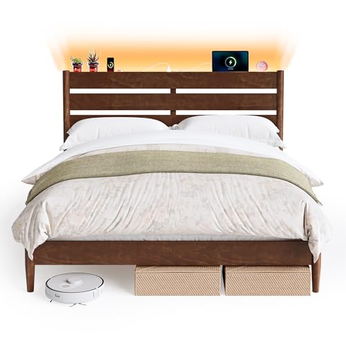 SONGMICS HOME Queen Bed Frame with Solid Wood Legs Slats, Platform Bed with Headboard, LED Lights, Charging Station, Mid-Century Modern Style, No Box Spring Needed, Coffee Brown URMB411K02