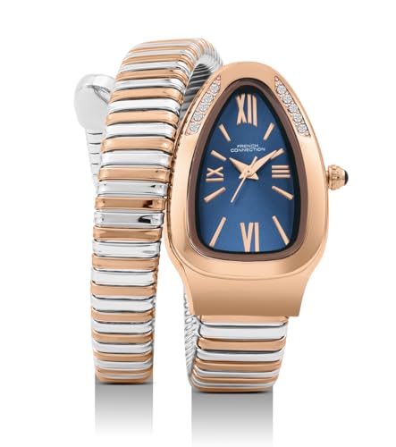 French Connection Eternelle Curve | Blue Dial with Rose Gold Case | Flexible Wrap Bracelet Strap | Crystal Accent Design | Roman Numerals Analog Watch