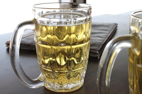 Glass Premium Beer Mugs with Handle, 375 Ml, Set of 2, Line Design Large Heavy Mug for Drinking Wheat Beer, Stein, Ale, Multi-Use Freezer Safe, Pack o