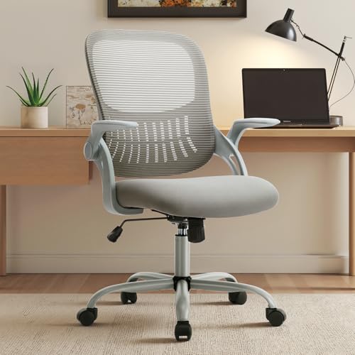 Sweetcrispy Ergonomic Office Desk Chair Mesh Adjustable Swivel Mid-Back Computer Chair with Lumbar Support Comfy Flip-up Arms for Home Office