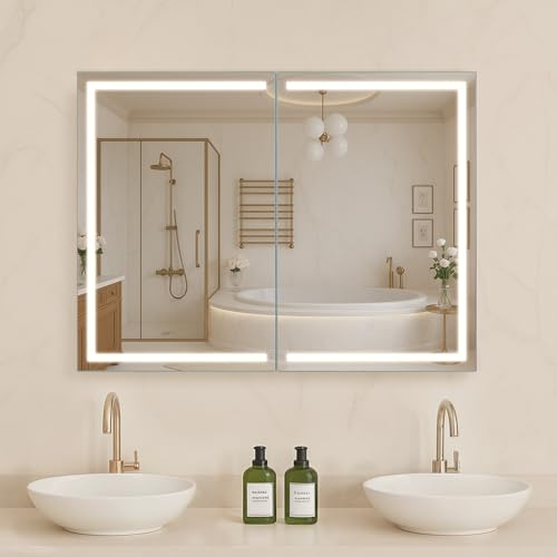 (-12%) VEVOR Spiegelschrank Bad mit LED Beleuchtung (60 x 80 cm) LED Badezimmerschrank 3-farbig dimmbarer mit HD-Spiegel, Memory-Funktion/verstellbaren Regalen, Stauraum/Steckdosen und USBs