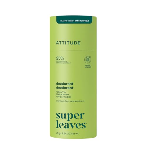 ATTITUDE Plastic-Free Natural Deodorant, Aluminum-Free, Baking Soda Formula, EWG Verified, Vegan, Long-Lasting Odor Protection, Pear & Amber, 75 g