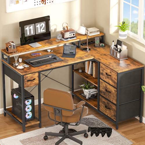 🔥 STARKER PREIS (-30%) YITAHOME L Form Schreibtisch Mit Steckdose USB Schubladen 140cm Braun