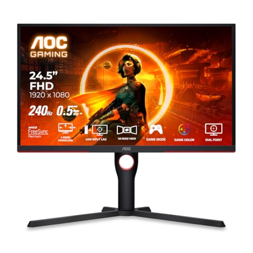 AOC 25G3ZM/BK 24.5" FHD Gaming Monitor, 240Hz Refresh Rate, 1ms GTG Response Time, 6 Game Modes, Freesync Premium, Low Input Lag, ShadowControl, HDMI 