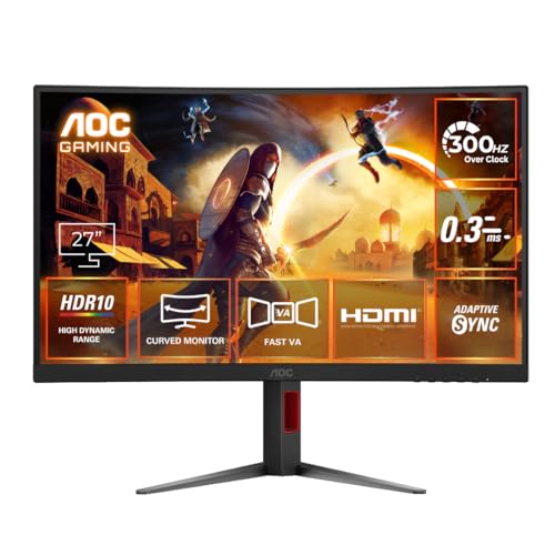 AOC C27G4Z 27" FHD Curved Monitor, 280Hz~300Hz Refresh Rate, 0.3ms MPRT, Fast VA Panel, 1500R, AMD Free Sync Premium, HDR10, Height Adjustable, Sniper