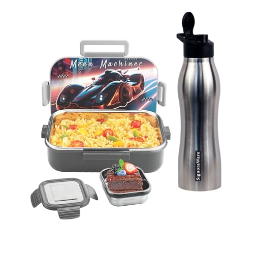 SIGNORA WARE Delight C Chipmunk Stainless Steel Printed Lunch Box Set for Kids | Airtight Clip Lock Lid | Compact & Sleek Size | Great for Picnics & O