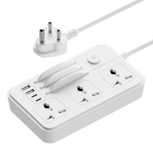 HAMMER Power Strip with 3 Universal Sockets with Child Security, Total 40w (2 USB Ports and 2 Type C 20w PD Individual), Mobile Holder,High Temperatur