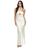 MORGAN AND CO. — MORGAN AND CO. Women's Elegant Halter Tie Neck Satin Evening Gown W/Front Cut Out & Open Back - Prom Homecoming, Party Dress Ivory