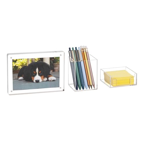 Mind Reader clear acrylic 3-piece desk organizer set with pen holder, sticky note tray, and photo frame