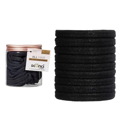 Scunci Elastic Hair Ties No Damage Soft Nylon Black 50-Pack