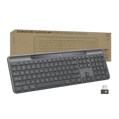 Logitech Signature Slim Solar+ Wireless Bluetooth Keyboard K980 for Business, Quiet Typing, Secure Receiver, Windows, Mac - Graphite Keyboard Light Powered