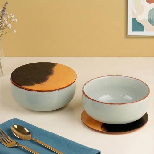 The Earth Store Mint Marble Ceramic Bowl with Lid Set of 2, 580ML | Multipurpose Coaster/Lid | Dishwasher & Microwave Safe Bowl | Ideal for Rice, Dal,