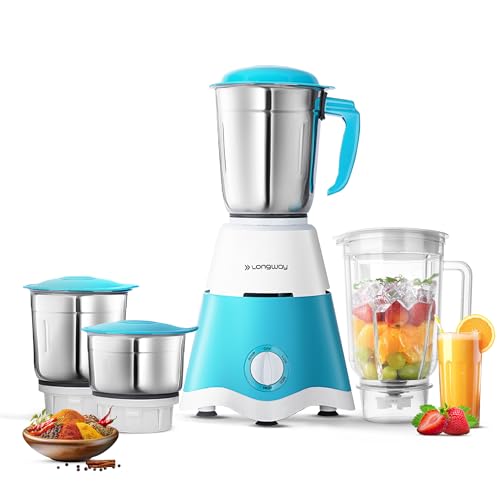 Longway Supreme Dlx Juicer Mixer Grinder | Up to 750W Max Output Powerful Motor | 4 Jars for Grinding, Mixing, Juicing | 2 Year Warranty | White & Blu