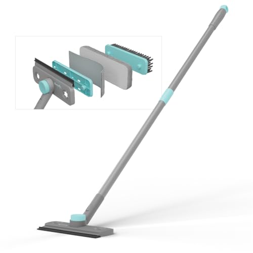 Lifelong 4-in-1 Multi-Purpose Cleaning Stick with Soft Silicone Wiper, Scrubber Brush & Reusable Pads | 20cm Wide Iron Handle for Floor, Glass & Windo