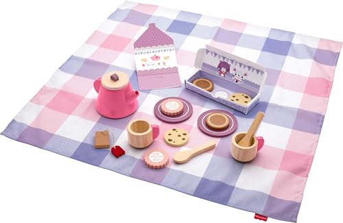 Fisher-Price Wood Pretend Play Toy Picnic Tea Set, 18-Pieces with Blanket, Wooden Cups Saucers & Food for Preschool Kids