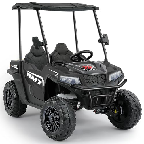 ELEMARA 24V Side by Side Electric Off-Road Truck, 4.5MPH, 2 Seater Ride on Toy for Big Kids w/Sun Shade, Electric Vehicles for Kids, 2 Shock Absorbers, 3 Speeds, LED Lights,Bluetooth Music, Black