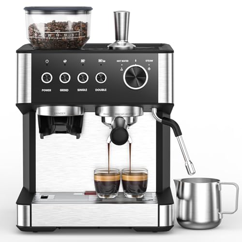 (2025 Upgrade)20 Bar Espresso Machine with Built-in Anti-Clog Coffee Grinder, Expresso Coffee Machines with Milk Steam Wand/Frother/Tamping Tools,Espresso Maker with Grinder for Lattes-Deep Black