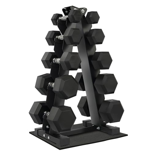Fitvids Dumbbell Set with Rack, Rubber Coated Hex Dumbbell Weights in 150lbs, 5, 10, 15, 20, 25lbs Pair, Black