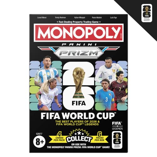 🔥 SELTEN SO GÜNSTIG (-42%) Monopoly Panini Prizm: FIFA World Cup Trading Cards Booster Box | aktuelle Stars und FIFA World Cup Legends | Geschenke für Fußballfans