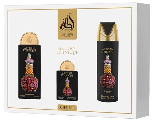 Lattafa Pride Artisan Ethnique For Unisex 3 Piece Gift Set (3.4 Fl Oz EDP + 0.65 Fl Oz EDP + 6.67 Fl Oz Deo)