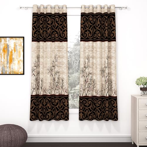 MollisHomes Window Curtains 5 Feet Set of 2, Abstract Cream & Brown | Polyester window curtains with light filtering fabric, suitable for living room,